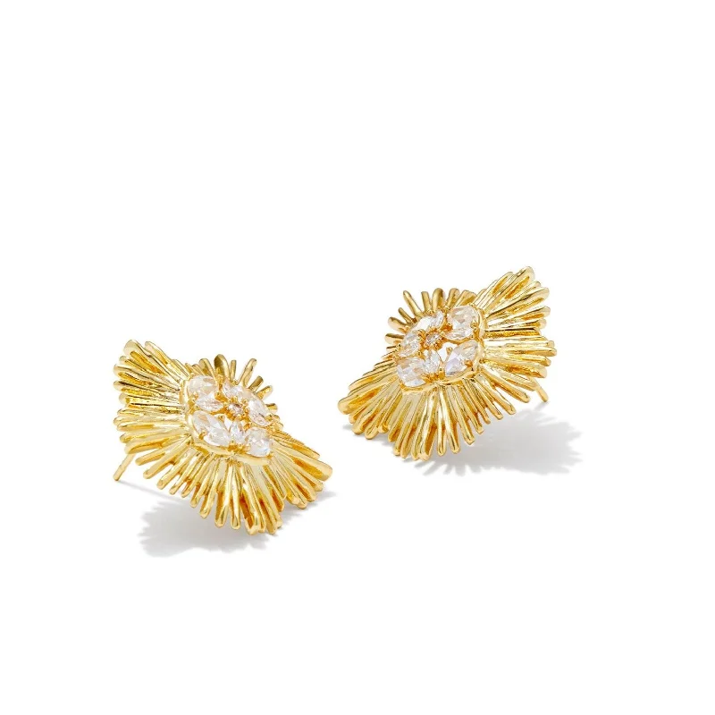 Drop Earrings-Kendra Scott | Dira Gold Crystal Statement Stud Earrings in White Crystal