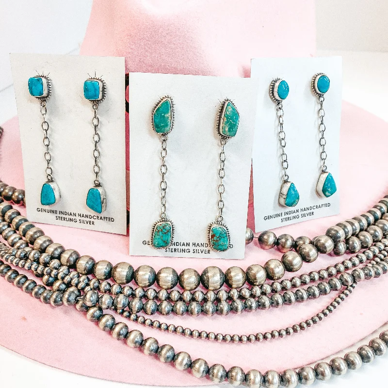 Galaxy Earrings-Tricia Smith | Navajo Handmade Sterling Silver Chain Drop Earrings with Kingman Turquoise Studs