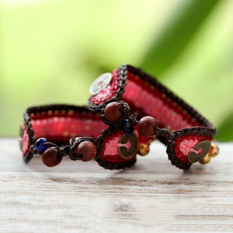 Spring clasp bangles-Artisan Bangles-Handmade Set of 2 'Bold Pink Fortunes' Beaded Bracelets (Thailand)