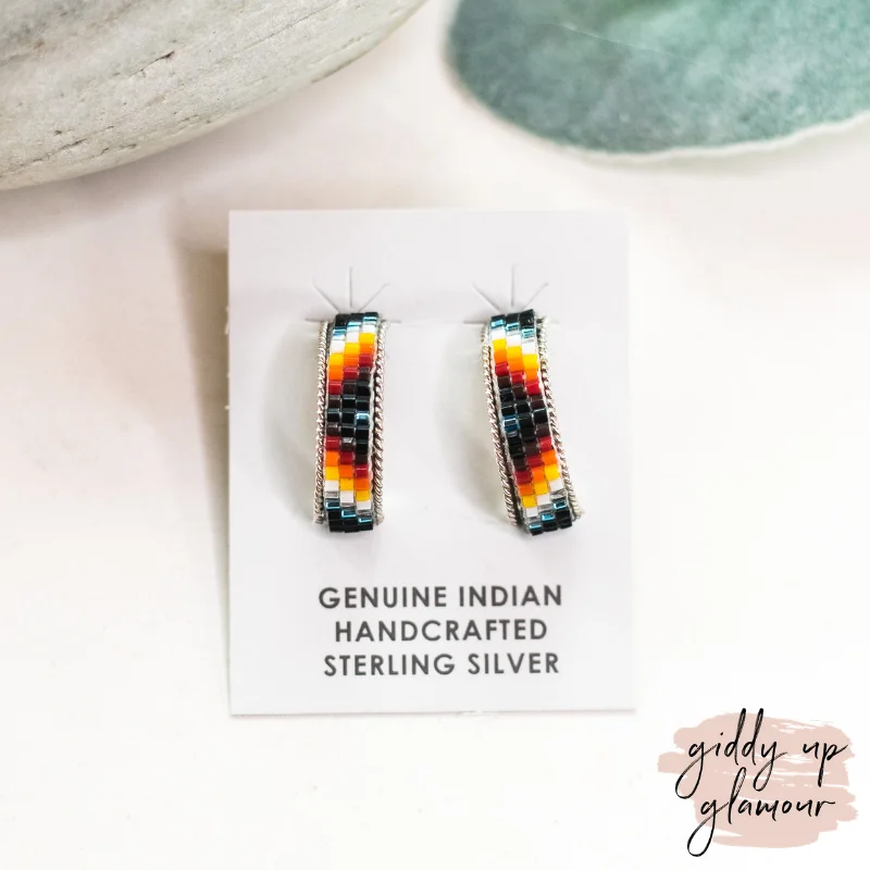 Personalized Earrings-Navajo | Navajo Handmade Small Multi Colored Aztec Beaded Hoop Earrings in Black