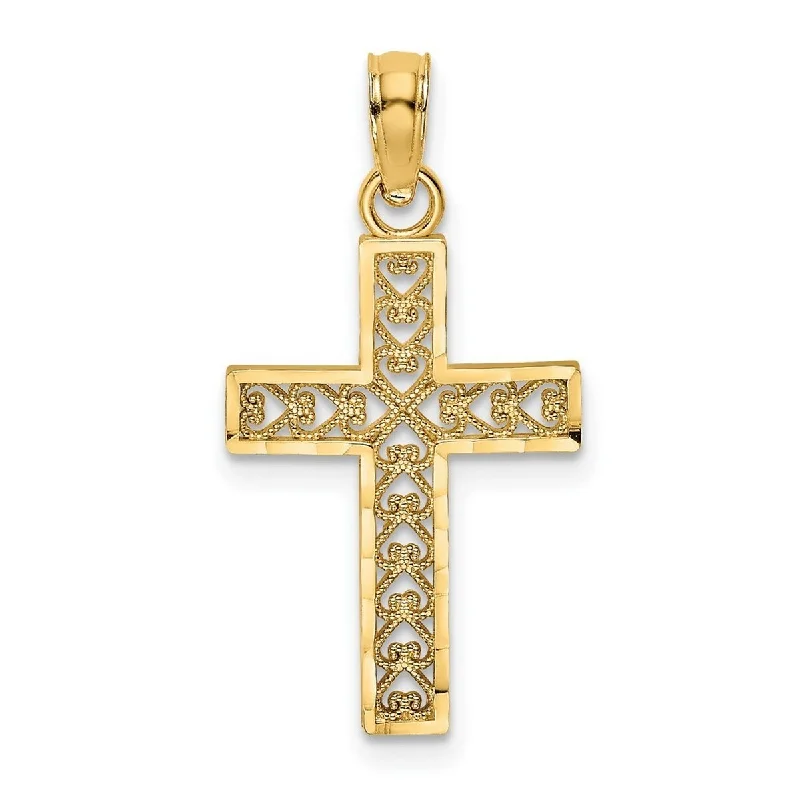 Wide bar necklaces-Crystal Necklaces-Curata 14k Yellow Gold Filgree Heart Cross Pendant Necklace 12mm x 17.5mm