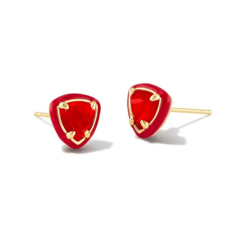 Gold Earrings-Kendra Scott | Arden Gold Enamel Framed Stud Earrings in Red Illusion