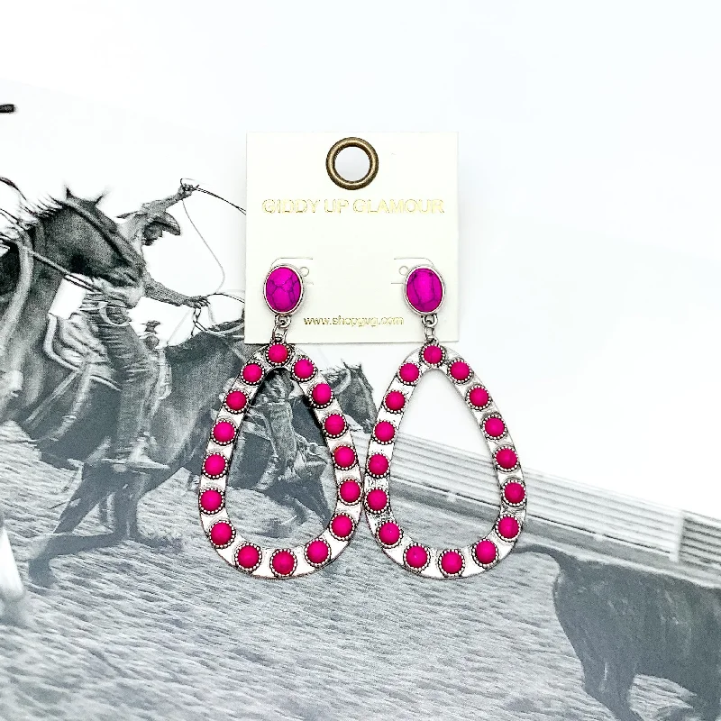 Animal Earrings-Western Open Teardrop Earrings With Stones in Hot Pink