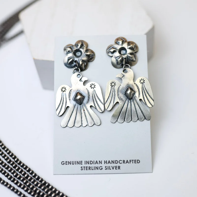 Gold Earrings-Tim Yazzie | Navajo Handmade Sterling Silver Flower Post Thunderbird Drop Earrings