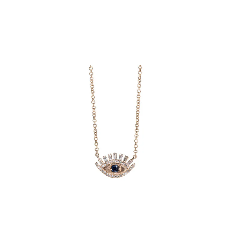 Bead-twisted necklaces-Antique Necklaces-14KT Rose Gold Diamond Pave Baguettes and Sapphire Evil Eye Necklace with Eyelashes