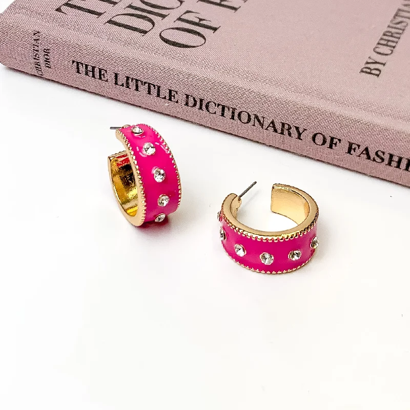 Birthstone Earrings-Surrounded By Starlight Small Gold Tone Hoop Earrings in Fuchsia Pink