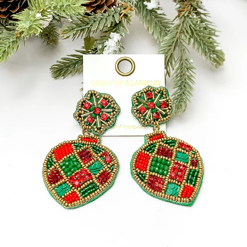 Stud Earrings-Beaded Post Back Ornament Earrings in Red and Green