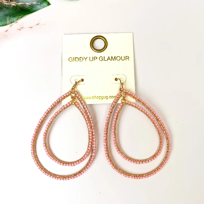 Drop Earrings-Double Open Teardrop Gold Tone Earrings with Beaded Outline in Light Pink