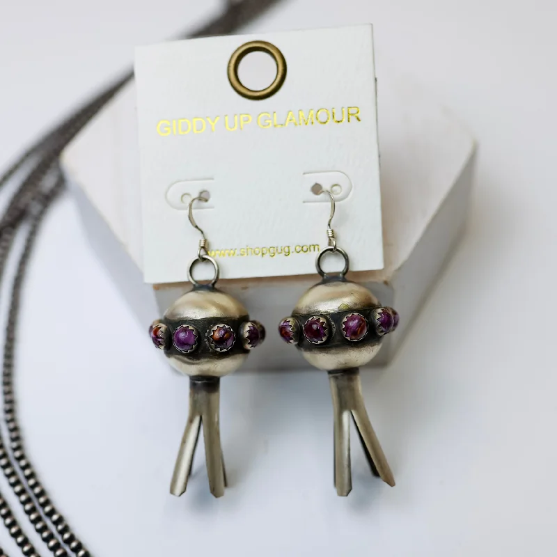 Luxury Earrings-Monica Smith | Navajo Handmade Sterling Silver Blossom Earrings with Purple Spiny Oyster