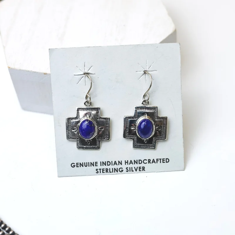 Tribal Earrings-Shirley Henry | Navajo Handmade Small Sterling Silver Cross Earrings with Lapis Stones