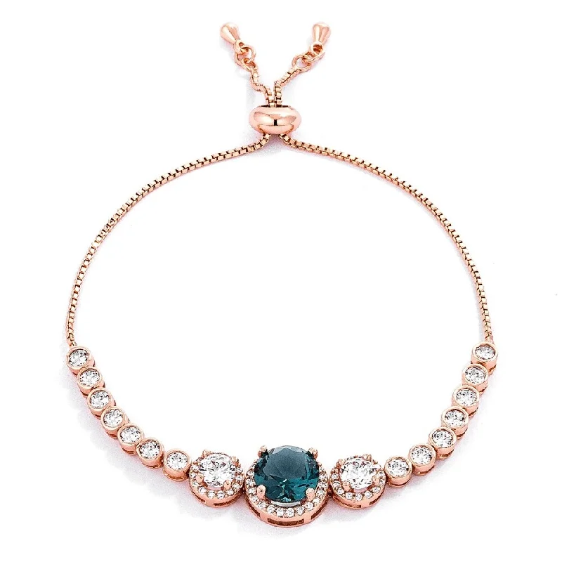 Sleek art bangles-Bohemian Rings-Adjustable Rose Gold Plated Graduated Cz Bolo Style Tennis Bracelet - Blue-Green-Rosegold - 8.5" Circumference