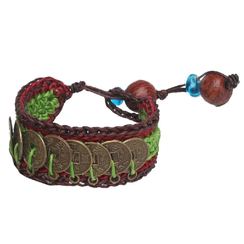 Spinel stone bangles-Beaded Bangles-Good Luck Wealth Protection Feng Shui Chinese Brass Coins on Red Green Brown Pair of Crocheted Wristband Bracelets (Thailand)