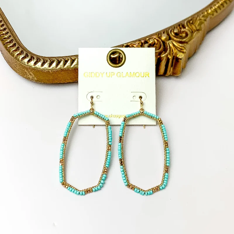 Beaded Earrings-Turquoise Beaded Open Large Drop Earrings with Gold Tone Accessory