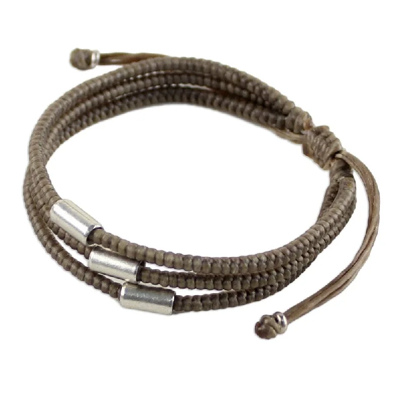 Thread tassel bangles-Thick Rings-Handmade Sterling Silver Accent 'Hill Tribe Friend in Khaki' Bracelet (Thailand) - 7'6" x 9'6"