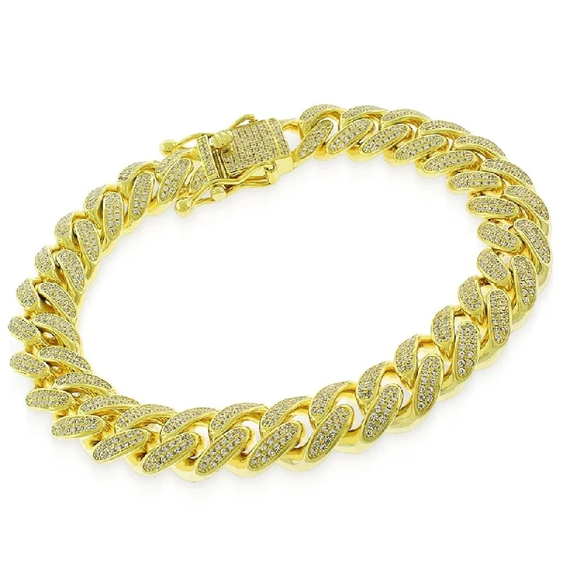 Bead-twisted bangles-Statement Bangles-Sterling Silver 12mm Iced Out CZ Miami Cuban Solid 925 Yellow Gold Bling Bracelet Chain 9"