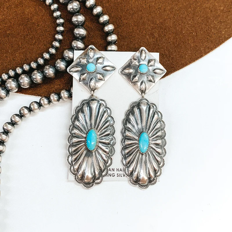 Butterfly Earrings-RL Begay | Navajo Handmade Sterling Silver Square Concho Post Earrings with Oval Concho Dangle and Turquoise Stones