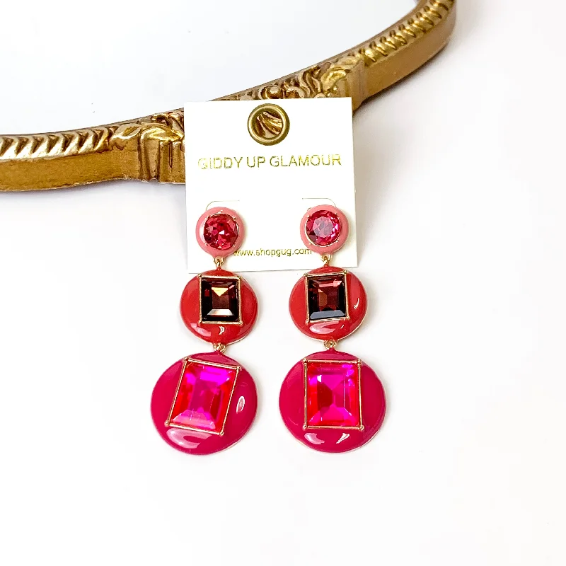 Customizable Earrings-3 Tier Multicolor Enamel Framed Stone Drop Earrings in Fuchsia Pink