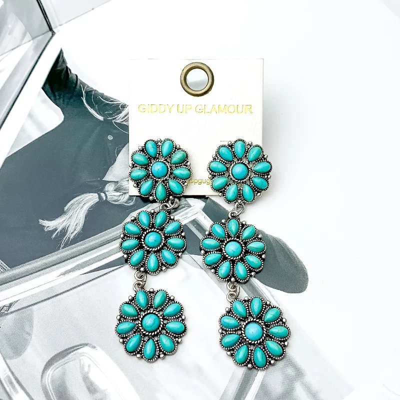 Heavy Earrings-Faux Turquoise Flower Cluster Drop Earrings