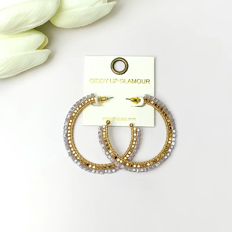 Drop Earrings-Gold Tone Beaded Hoop Earrings with a Pale Lavender Crystal Outline