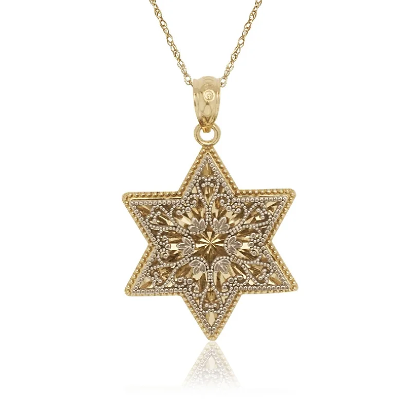 Dove feather necklaces-Celestial Necklaces-14k Gold 16-inch Two-Tone Diamond-cut Dimensional Filigree Star of David Pendant Necklace - Orange