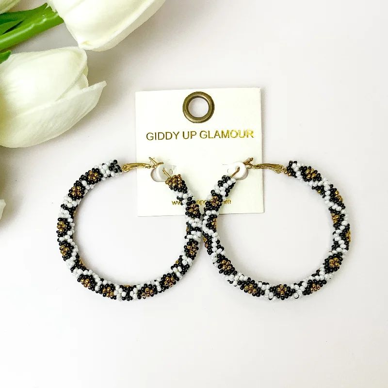 Fairy Earrings-White, Black, and Gold Tone Pattern Beaded Hoops