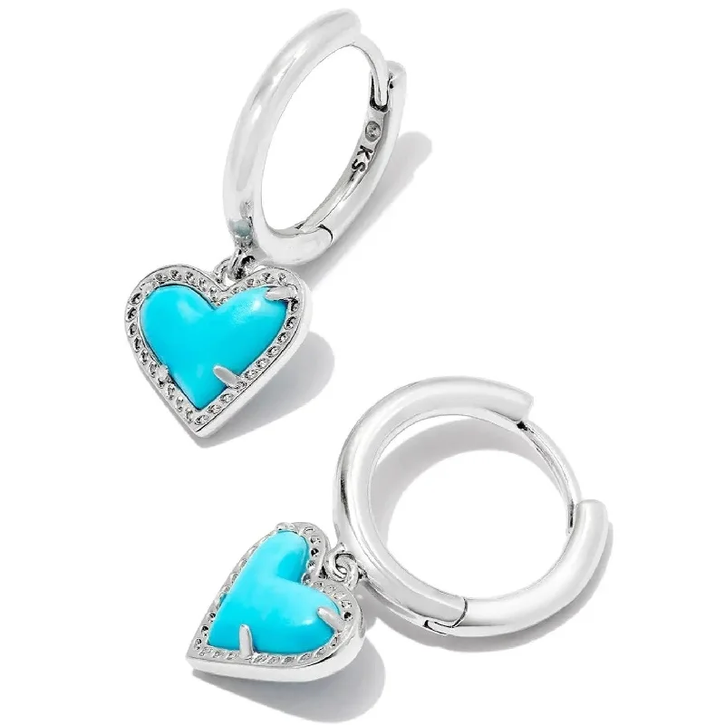 Cultural Earrings-Kendra Scott | Ari Heart Silver Huggie Earrings in Variegated Turquoise Magnesite