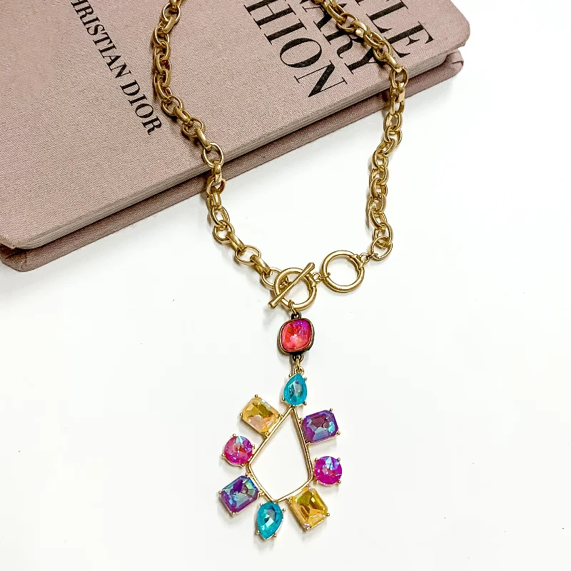 Stud Earrings-Pink Panache | Gold Tone Chain Necklace with a Pink Lotus Delight Crystal Drop and Multicolor Crystal Teardrop Pendant