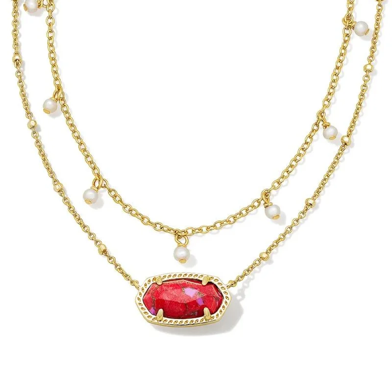 Elegant Earrings-Kendra Scott | Elisa Gold Pearl Multi Strand Necklace in Bronze Veined Red Fuchsia Magnesite