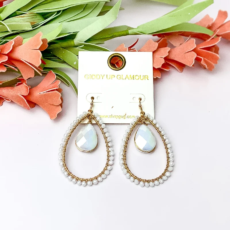 Symbol Earrings-White Iridescent Stone Inside Open Beaded Teardrop Earrings with Gold Tone Outline