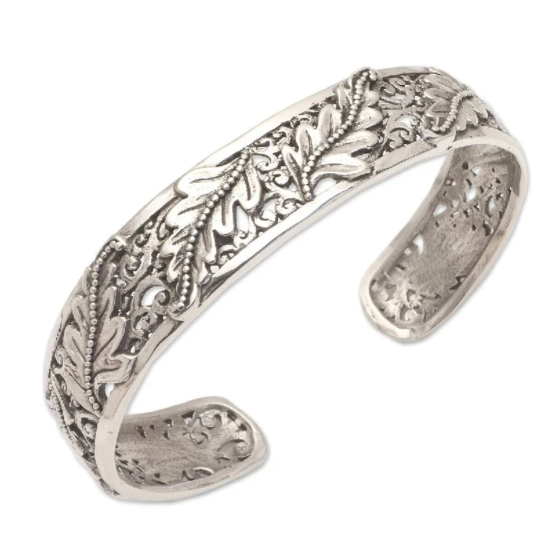 Square gem bangles-Cultural Bangles-NOVICA Majestic Leaves, Sterling silver cuff bracelet