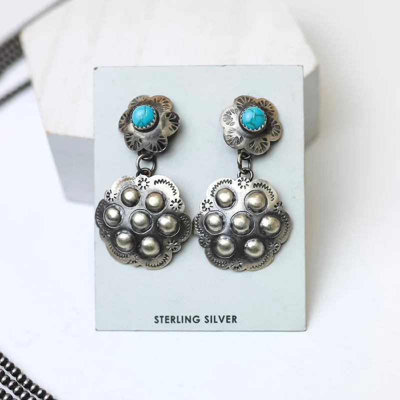 Fashion Earrings-Tim Yazzie | Navajo Handmade Sterling Silver Flower Drop Earrings with Turquoise Studs