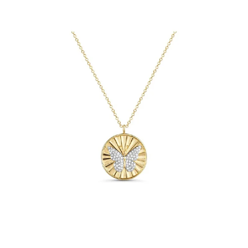 Bent pendant necklaces-Spiritual Necklaces-Fluted Medallion Diamond Butterfly Necklace