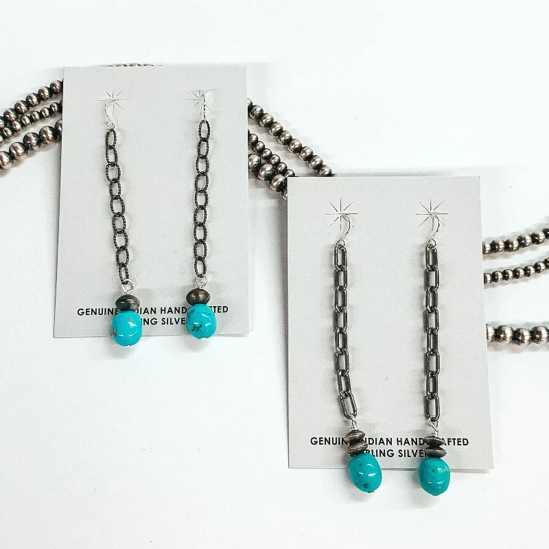 Flower Earrings-Mason Lee | Navajo Handmade Sterling Silver Chain Drop Earrings with Navajo Pearl Charm and Turquoise Stone