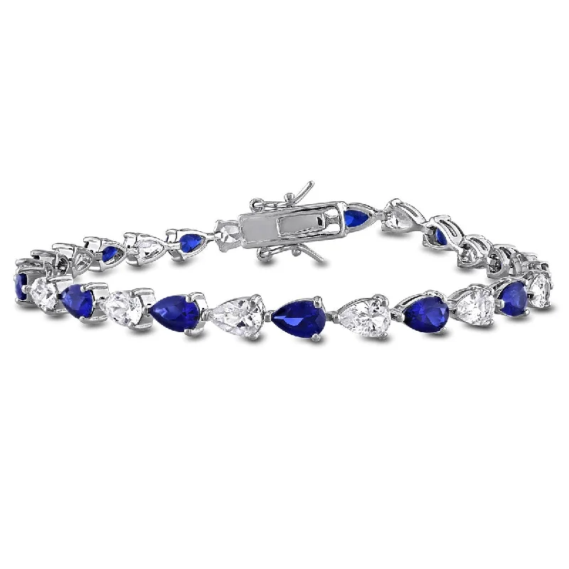 Bead rim bangles-Fairy Rings-Miadora 10 1/2ct TGW Created Blue Created White Sapphire Tennis Bracelet Sterling Silver