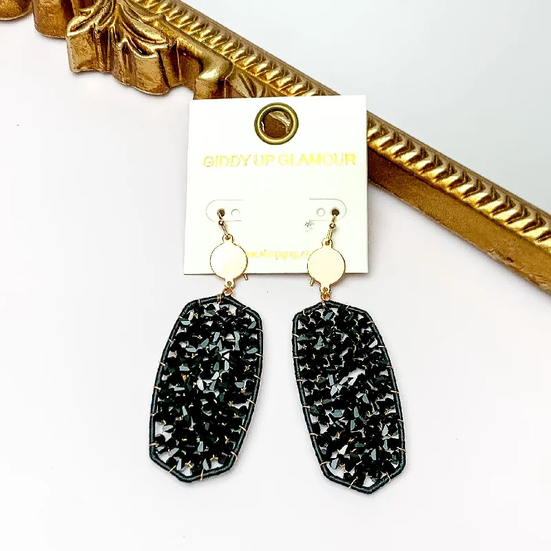 Birthstone Earrings-Black Large Drop Earrings with Gold Tone Accessory