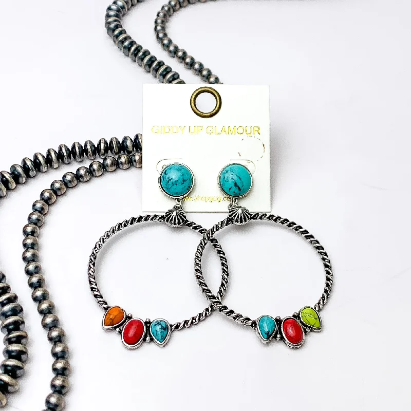 Beaded Earrings-Western Moment Silver Tone Hoop Earrings With Stones in Multicolor