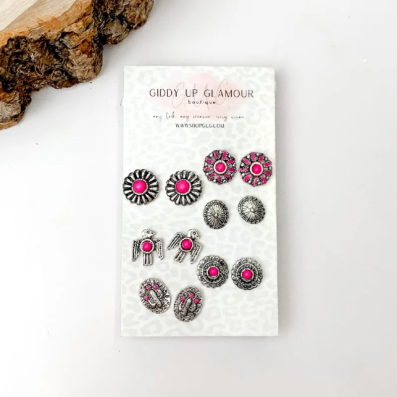 Non-Piercing Earrings-Set Of Six | Multiple Fuchsia Pink and Silver Tone Stud Earrings