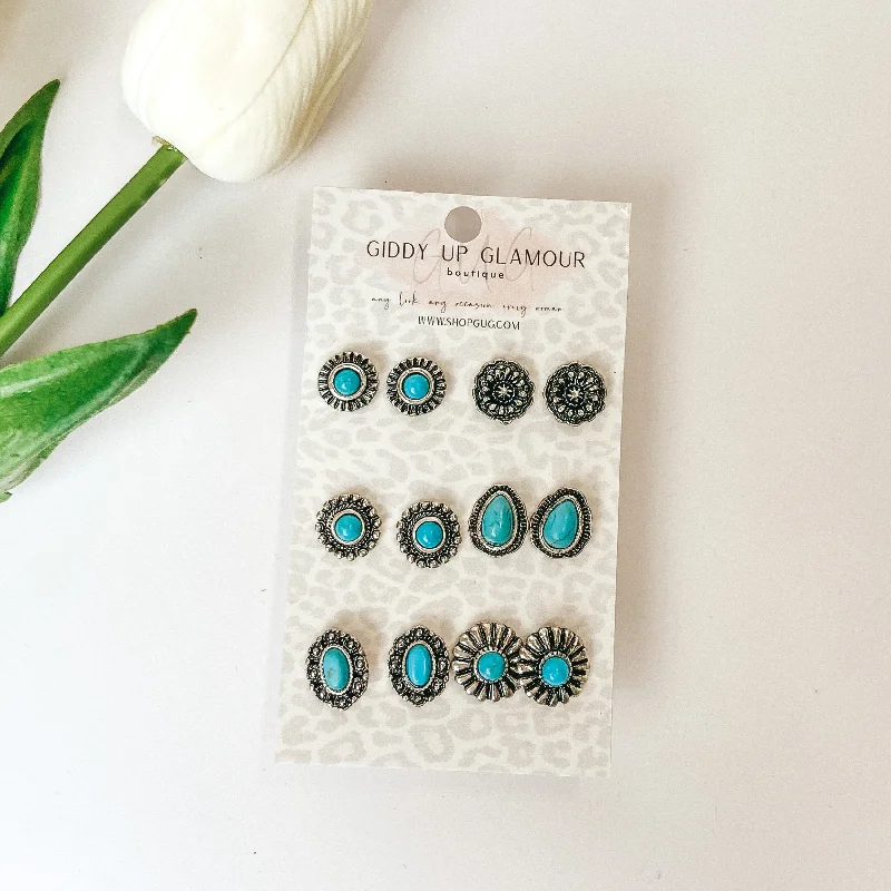 Monogram Earrings-Set Of Six | Small Turquoise and Silver Designed Studs