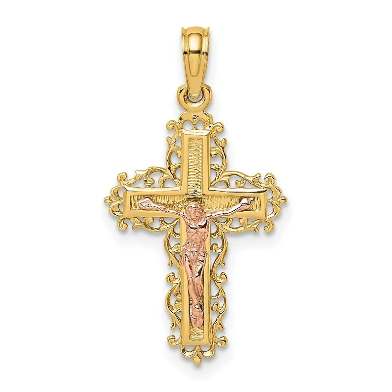 Agate drop necklaces-Engraved Necklaces-Curata 14k Two tone Gold Crucifix With Lace Trim and Pink Jesus Pendant Necklace, 18"