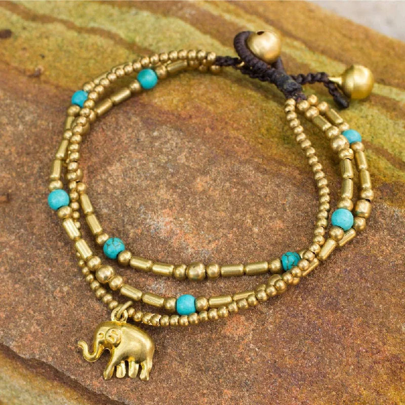 Fine star bangles-Casual Rings-NOVICA Brass Calcite Thai Elephant Charm Beaded Bracelet (Thailand)