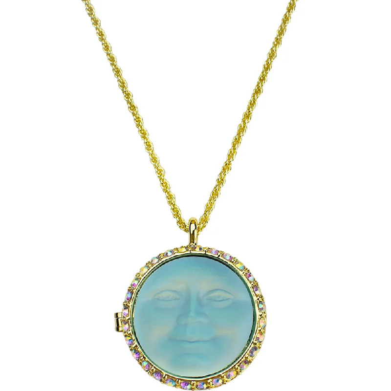 Gem braid necklaces-Hip Hop Necklaces-Love Never Dies Glass Seaview Moon Locket Necklace (Goldtone/Aqua AB)