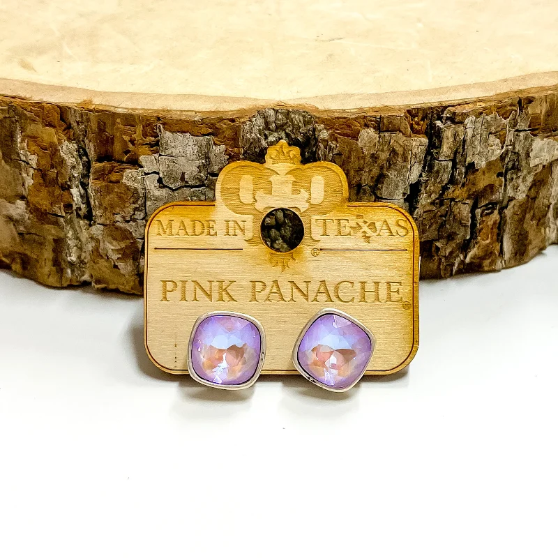 Pearl Earrings-Pink Panache | Silver Tone Stud Earrings with Cushion Cut Crystals in Lavender