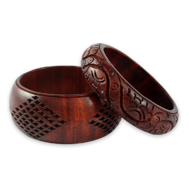 Layered metal bangles-Bridal Rings-Handmade Romance Mango Wood Bracelets, Set of 2 (India)