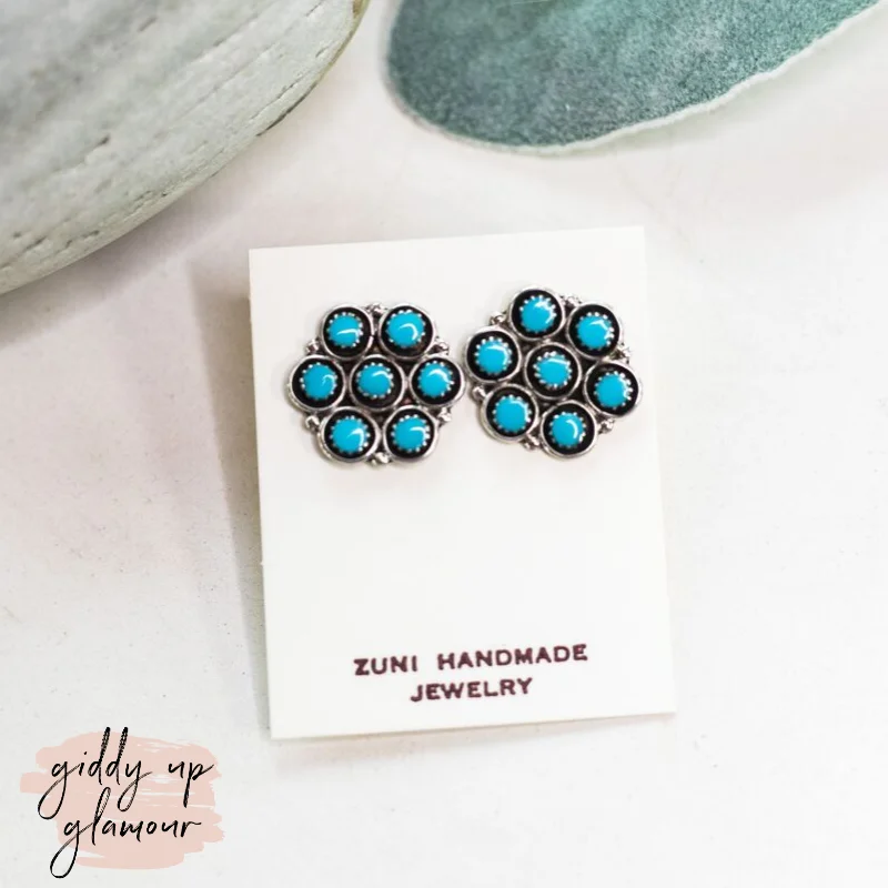 Gold Earrings-Zuni | Zuni Handmade 7 Point Sleeping Beauty Turquoise Flower Stud Earrings