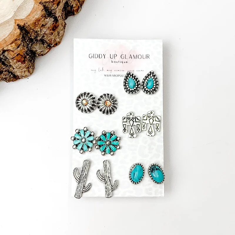 Infinity Earrings-Set Of Six | Western Themed Turquoise Blue and Silver Tone Stud Earrings