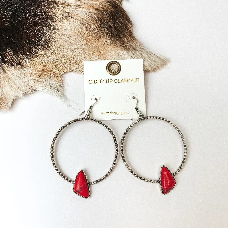 Vintage Earrings-Silver Tone Textured Hoop Earrings with Red Stone