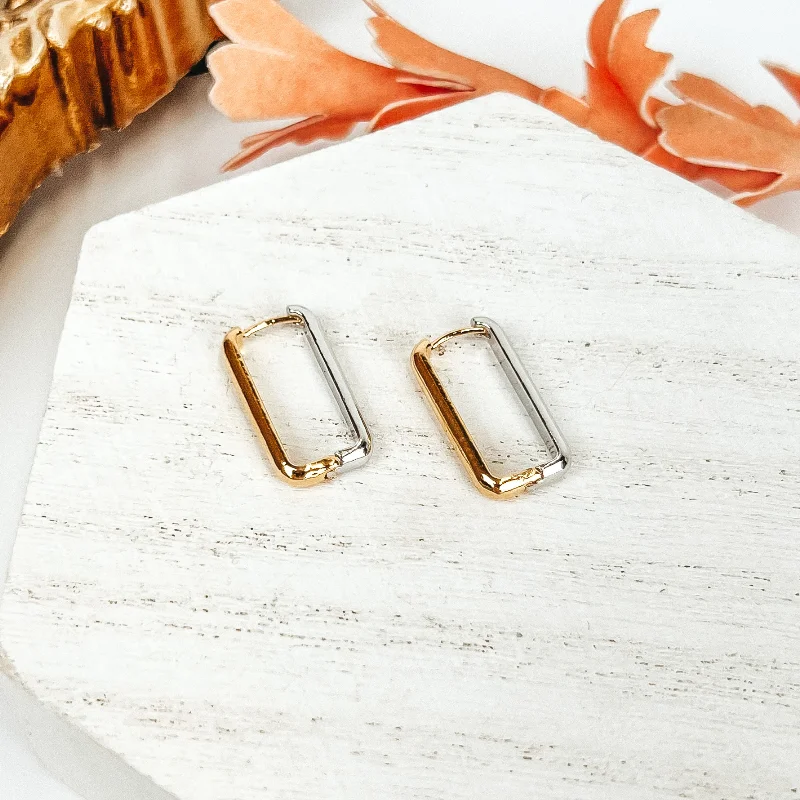 Contemporary Earrings-Two Tone Rectangle Hoop Earrings