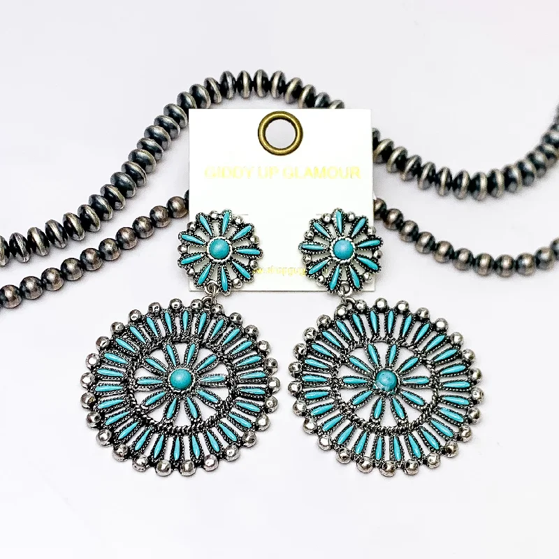 Warrior Earrings-Faux Navajo Cluster Drop Silver Tone Earrings in Turquoise Blue