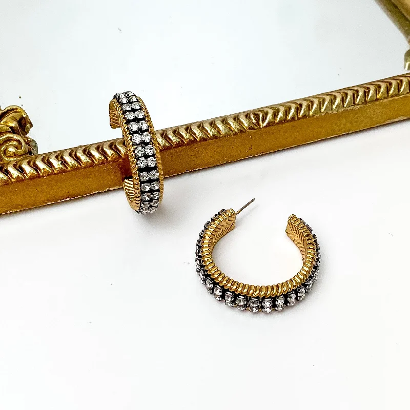 Clip-On Earrings-Clear Crystal Inlay and Gold Tone Hoop Earrings with Black Setting