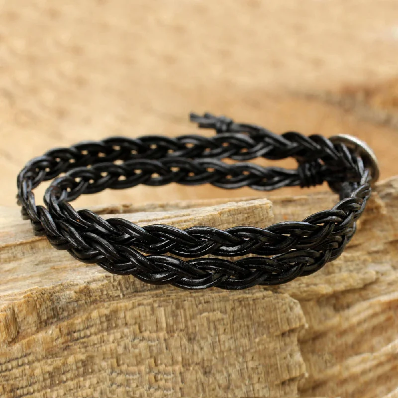 Bead-twisted bangles-Open Bangles-NOVICA Handmade Silver Leather 'Black Braid' Bracelet (Thailand)